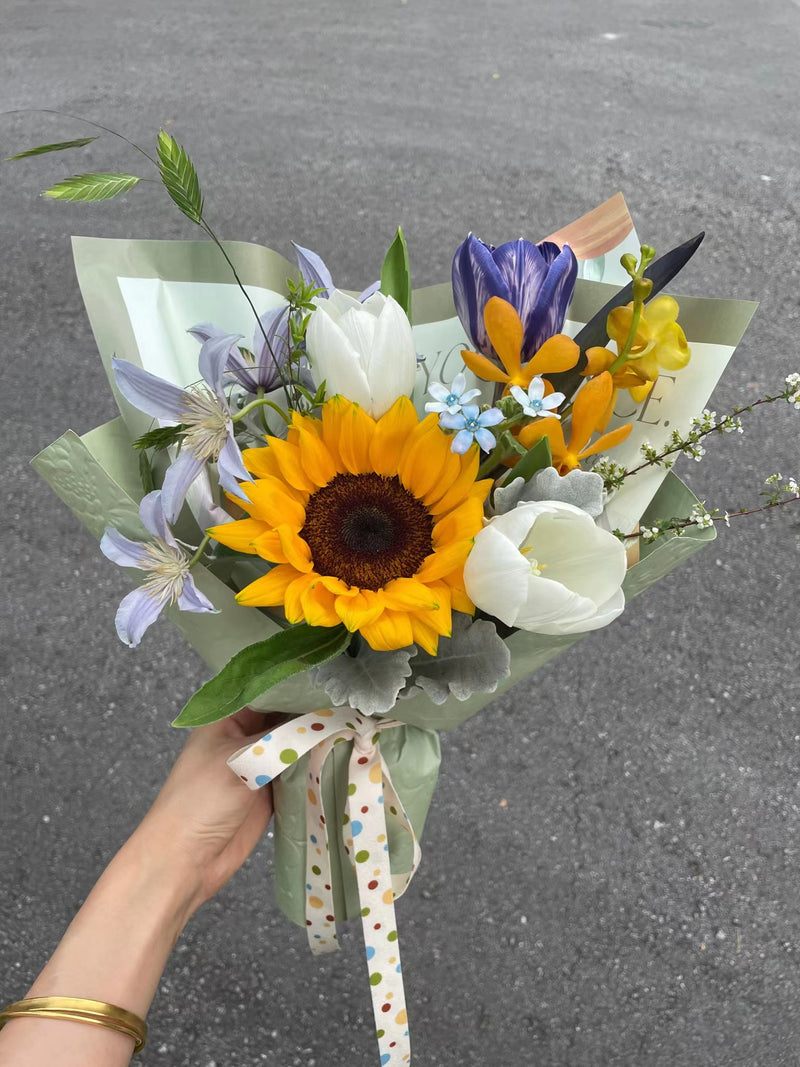 Make A Bold Statement with The Sunflower And Black Rose Bouquet White