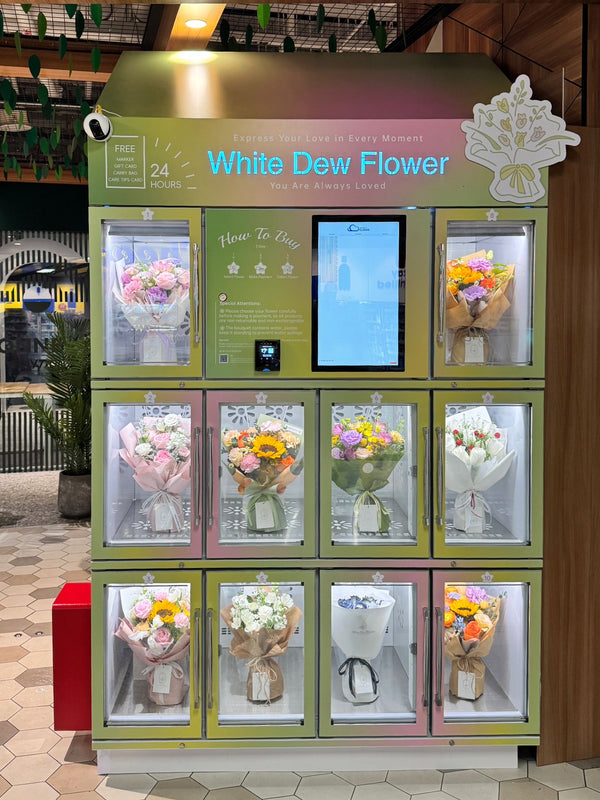 White Dew Flower vending machine in Singapore with a curated selection of fresh flowers, providing convenient 24/7 access to beautifully arranged bouquets.