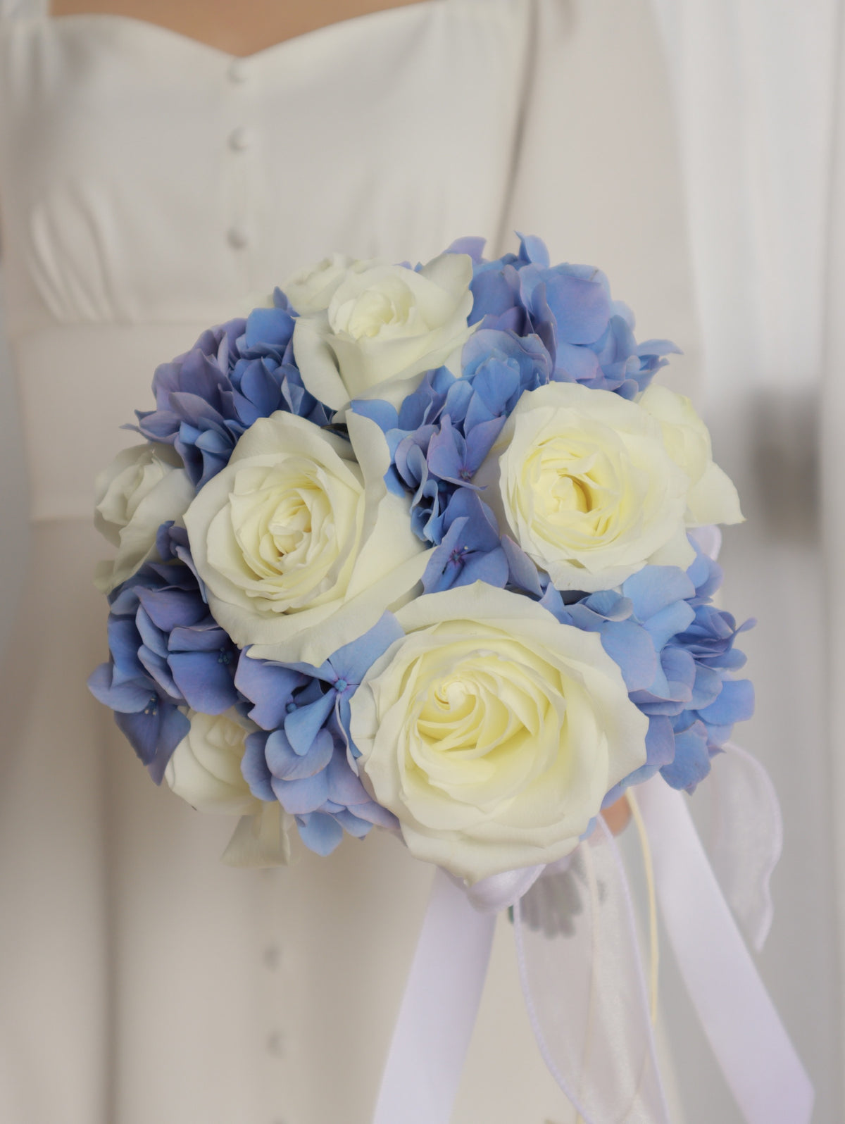 BD16- Blue Hydrangea with White Rose-Bridal Bouquet