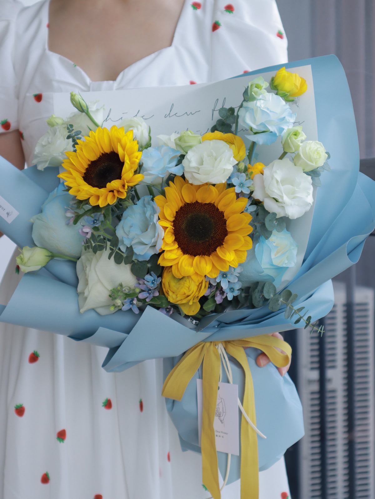 sunflowers with blue flowers  bouquet buy