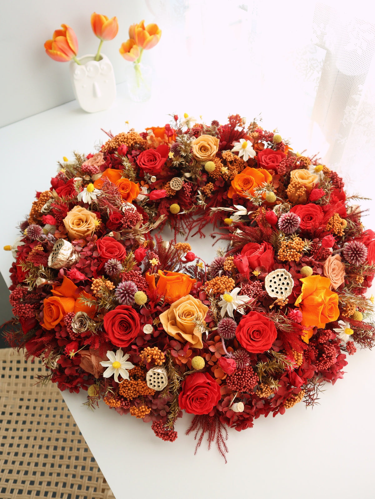 PT19- Red and Gold Round Shape Preserved Table Flower